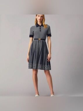 Tory Burch Tory Navy & Classic Ivory White Gemini Link Jacquard Pleated Dress
